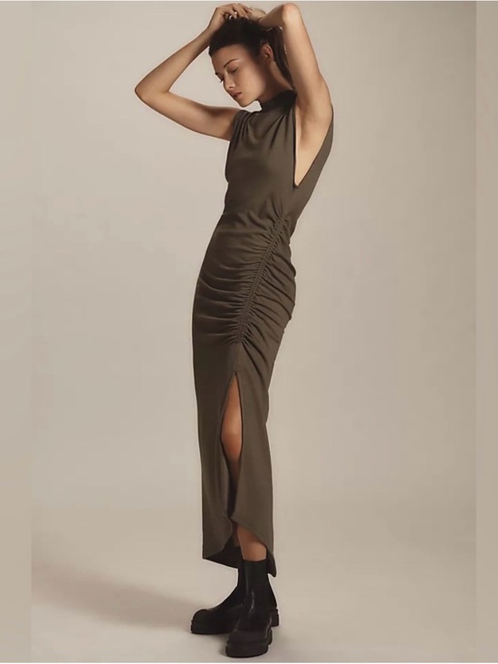 Anthropologie Dresses & Skirts - Anthropologie Olive Green Ruched Maxi Dress w/Side Slit Sz. M